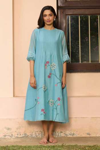 Buy_Vaayu_Blue Muslin Applique Round Neck Powder Cotton Dress _at_Aza_Fashions