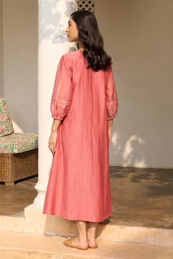 Shop_Vaayu_Pink Muslin Applique Round Neck Hibiscus Cotton Midi Dress With Pintuck _at_Aza_Fashions