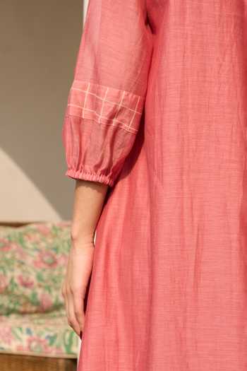 Vaayu_Pink Muslin Applique Round Neck Hibiscus Cotton Midi Dress With Pintuck _Online_at_Aza_Fashions