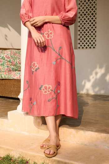 Buy_Vaayu_Pink Muslin Applique Round Neck Hibiscus Cotton Midi Dress With Pintuck 