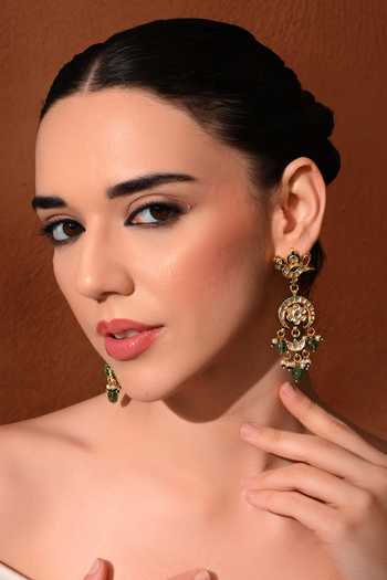 ChhavI'S Jewels_Green Pearls, Stones Polki Embellished Chandbalis Earrings _at_Aza_Fashions