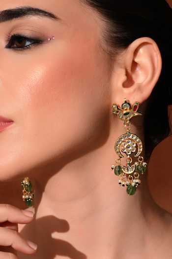 Buy_ChhavI'S Jewels_Green Pearls, Stones Polki Embellished Chandbalis Earrings _at_Aza_Fashions