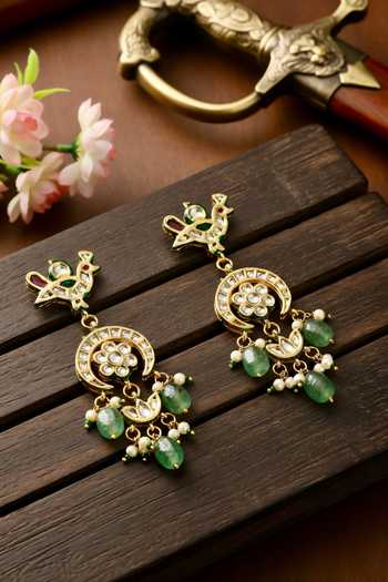 Shop_ChhavI'S Jewels_Green Pearls, Stones Polki Embellished Chandbalis Earrings _at_Aza_Fashions