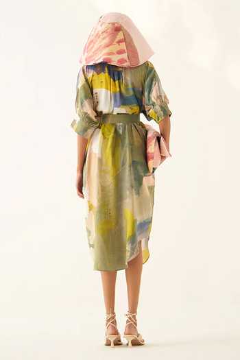 Shop_OFRIDA_Multi Color Rayon, Cotton Collared Sunrise Brunch Printed Dress _at_Aza_Fashions