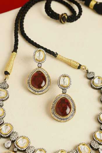 Shop_Mero Jewellery_Green Stones, Crystals Geometric Drop Necklace Set _at_Aza_Fashions
