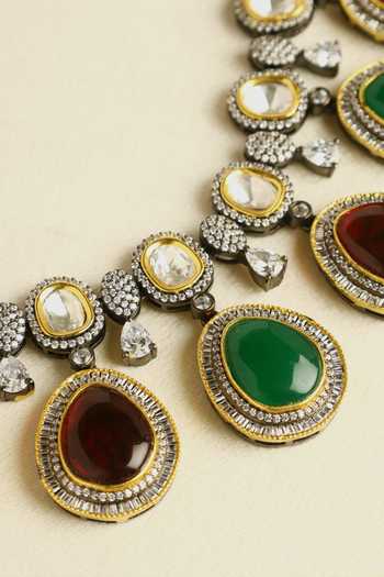 Mero Jewellery_Green Stones, Crystals Geometric Drop Necklace Set _Online_at_Aza_Fashions