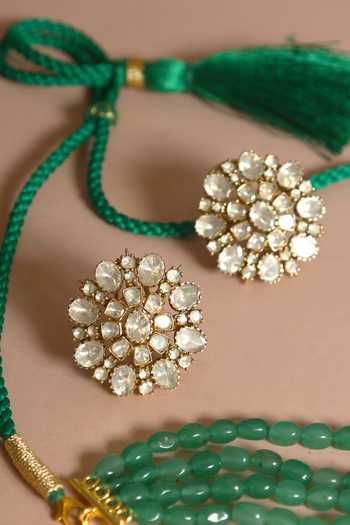 Mero Jewellery_Green Beads, Stones, Crystals Floral Embellished Necklace Set _Online_at_Aza_Fashions