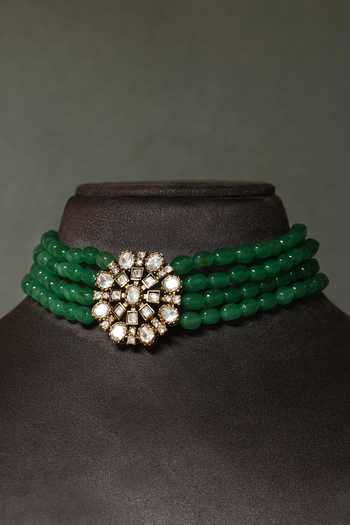 Shop_Mero Jewellery_Green Beads, Stones, Crystals Floral Embellished Necklace Set _at_Aza_Fashions