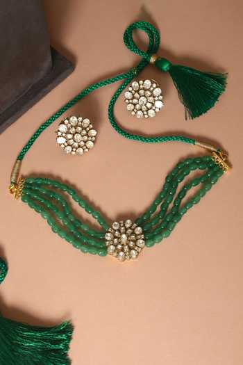 Buy_Mero Jewellery_Green Beads, Stones, Crystals Floral Embellished Necklace Set _at_Aza_Fashions