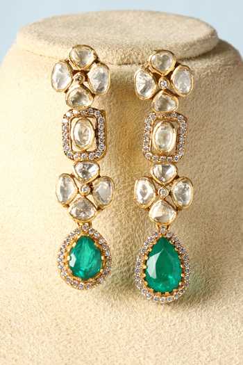 Shop_Mero Jewellery_Green Stones, Crystals Floral Carbed Pendant And Earrings Set _at_Aza_Fashions