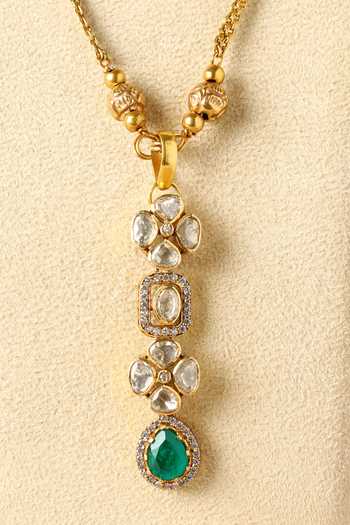 Mero Jewellery_Green Stones, Crystals Floral Carbed Pendant And Earrings Set _Online_at_Aza_Fashions