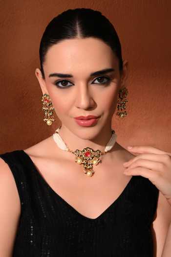 ChhavI'S Jewels_Pink Stones, Pearls Floral Kundan Embellished Choker Necklace Set _Online_at_Aza_Fashions
