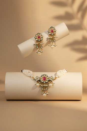 Shop_ChhavI'S Jewels_Pink Stones, Pearls Floral Kundan Embellished Choker Necklace Set _at_Aza_Fashions