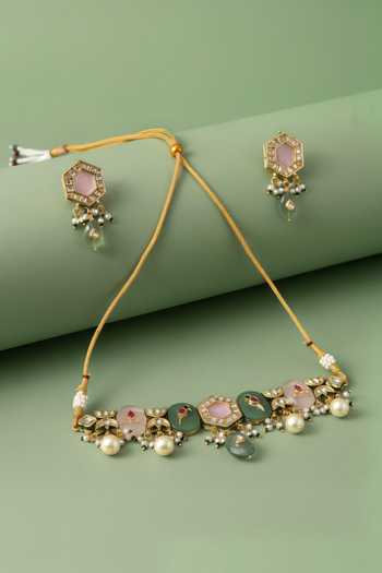 Shop_ChhavI'S Jewels_Multi Color Pearls, Stones Polki Embellished Choker Set _at_Aza_Fashions