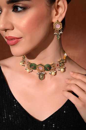 Buy_ChhavI'S Jewels_Multi Color Pearls, Stones Polki Embellished Choker Set _at_Aza_Fashions
