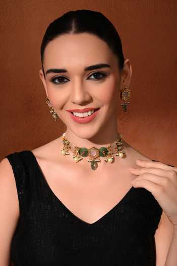 Shop_ChhavI'S Jewels_Multi Color Pearls, Stones Polki Embellished Choker Set _Online_at_Aza_Fashions