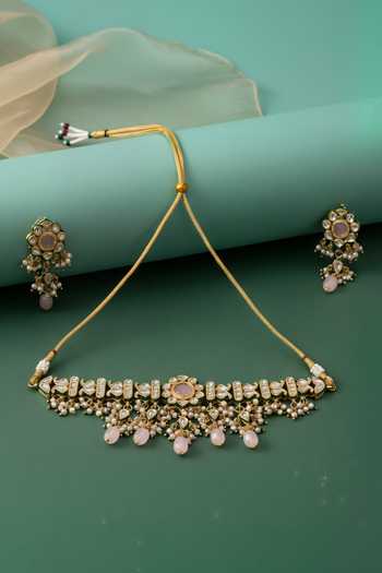 Shop_ChhavI'S Jewels_Pink Beads, Pearls, Stones Kundan Studded Choker And Earrings Set _at_Aza_Fashions