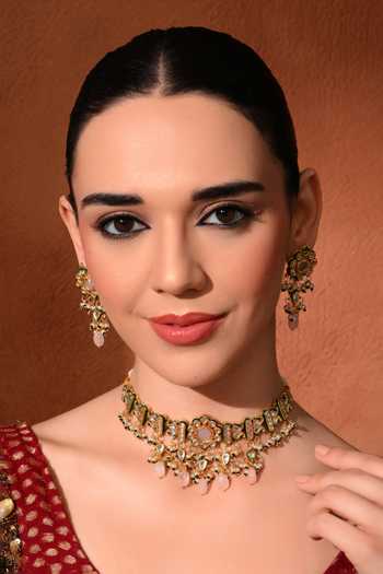 ChhavI'S Jewels_Pink Beads, Pearls, Stones Kundan Studded Choker And Earrings Set _Online_at_Aza_Fashions