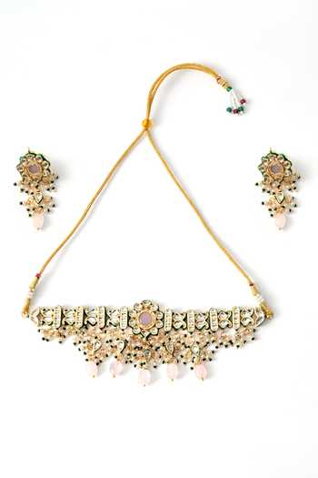 Buy_ChhavI'S Jewels_Pink Beads, Pearls, Stones Kundan Studded Choker And Earrings Set _Online_at_Aza_Fashions
