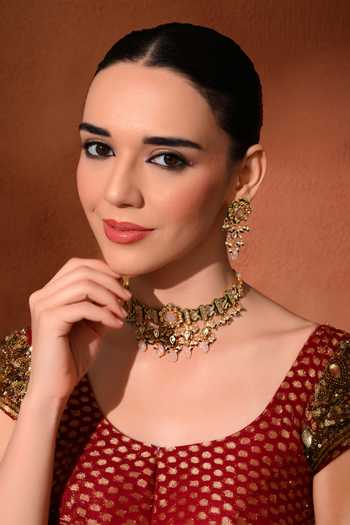 Shop_ChhavI'S Jewels_Pink Beads, Pearls, Stones Kundan Studded Choker And Earrings Set _Online_at_Aza_Fashions
