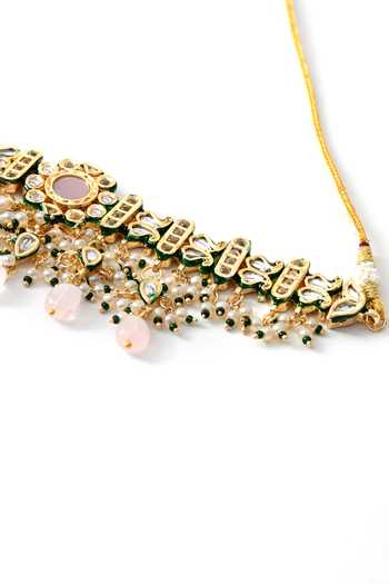 ChhavI'S Jewels_Pink Beads, Pearls, Stones Kundan Studded Choker And Earrings Set _at_Aza_Fashions