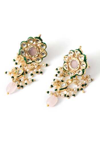 Buy_ChhavI'S Jewels_Pink Beads, Pearls, Stones Kundan Studded Choker And Earrings Set 