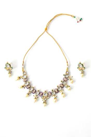 ChhavI'S Jewels_Purple Pearls, Stones Polki Studded Necklace Set _Online_at_Aza_Fashions