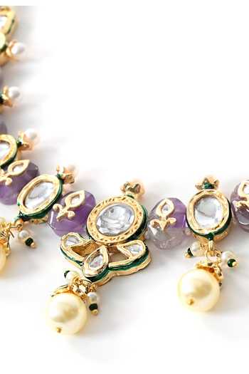 Shop_ChhavI'S Jewels_Purple Pearls, Stones Polki Studded Necklace Set _Online_at_Aza_Fashions