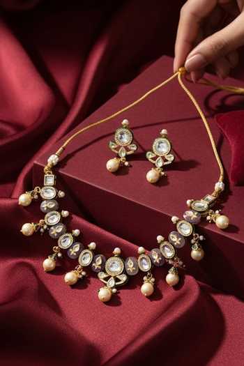 Shop_ChhavI'S Jewels_Purple Pearls, Stones Polki Studded Necklace Set _at_Aza_Fashions