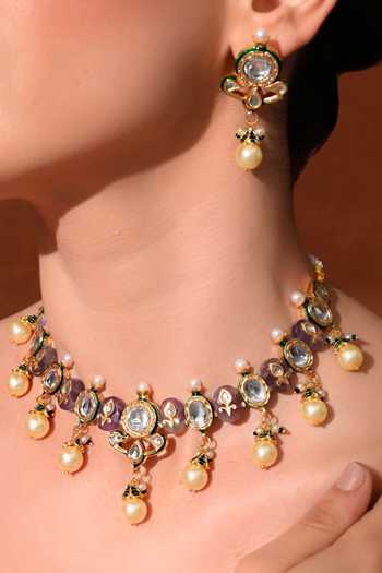 Buy_ChhavI'S Jewels_Purple Pearls, Stones Polki Studded Necklace Set 