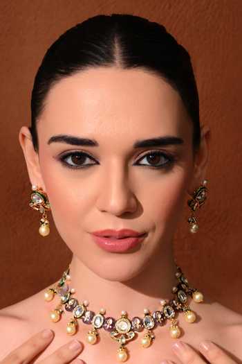 Shop_ChhavI'S Jewels_Purple Pearls, Stones Polki Studded Necklace Set 