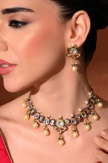 Buy_ChhavI'S Jewels_Purple Pearls, Stones Polki Studded Necklace Set _at_Aza_Fashions