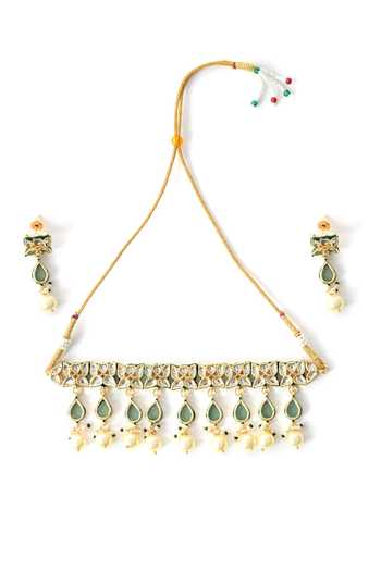 ChhavI'S Jewels_Green Pearls, Stones Polki Embellished Choker Set _Online_at_Aza_Fashions