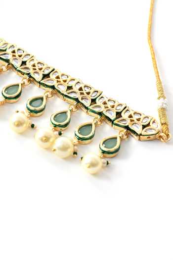 Shop_ChhavI'S Jewels_Green Pearls, Stones Polki Embellished Choker Set _Online_at_Aza_Fashions