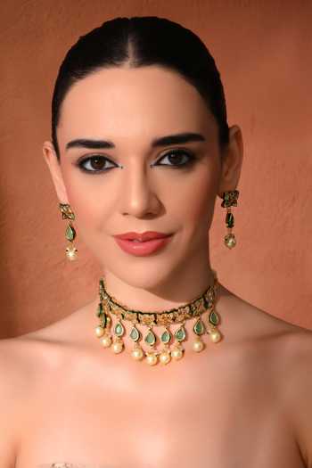 ChhavI'S Jewels_Green Pearls, Stones Polki Embellished Choker Set _at_Aza_Fashions