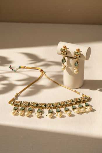 Shop_ChhavI'S Jewels_Green Pearls, Stones Polki Embellished Choker Set _at_Aza_Fashions