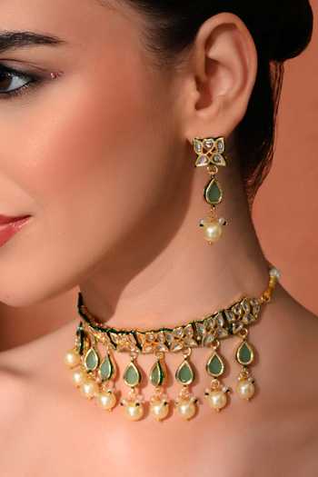 Shop_ChhavI'S Jewels_Green Pearls, Stones Polki Embellished Choker Set 