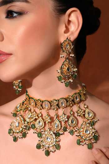 ChhavI'S Jewels_Green Pearls, Stones Kundan Embellished Necklace Set _at_Aza_Fashions