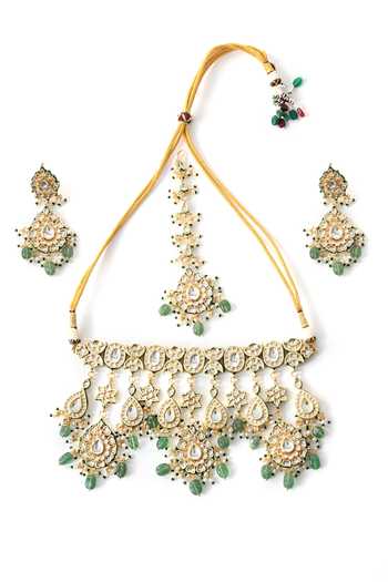 Buy_ChhavI'S Jewels_Green Pearls, Stones Kundan Embellished Necklace Set 
