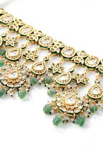 Shop_ChhavI'S Jewels_Green Pearls, Stones Kundan Embellished Necklace Set 