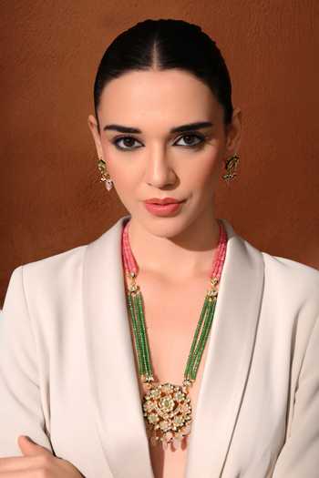 Shop_ChhavI'S Jewels_Multi Color Stones, Beads Polki Embellished Layered Pendant Necklace Set _Online_at_Aza_Fashions