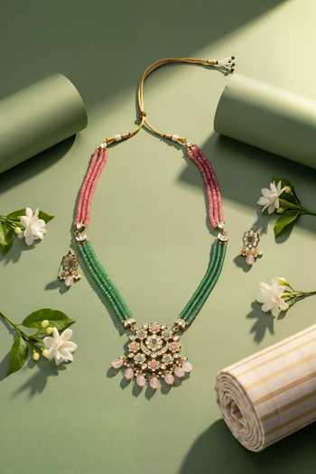 Shop_ChhavI'S Jewels_Multi Color Stones, Beads Polki Embellished Layered Pendant Necklace Set _at_Aza_Fashions