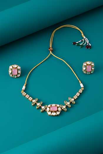 Shop_ChhavI'S Jewels_Multi Color Stones Kundan Polki Studded Necklace Set _at_Aza_Fashions
