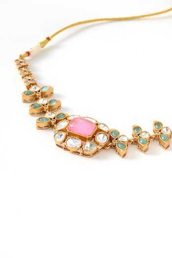 Shop_ChhavI'S Jewels_Multi Color Stones Kundan Polki Studded Necklace Set _Online_at_Aza_Fashions