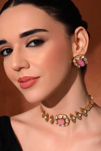 Buy_ChhavI'S Jewels_Multi Color Stones Kundan Polki Studded Necklace Set _at_Aza_Fashions