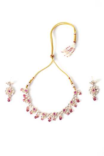 ChhavI'S Jewels_Pink Beads, Stones Kundan Polki Studded Necklace Set _Online_at_Aza_Fashions