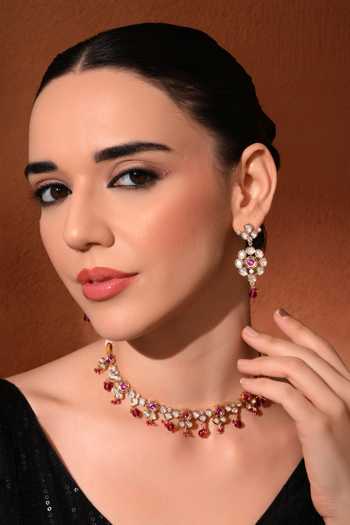 ChhavI'S Jewels_Pink Beads, Stones Kundan Polki Studded Necklace Set _at_Aza_Fashions