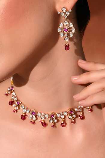 Buy_ChhavI'S Jewels_Pink Beads, Stones Kundan Polki Studded Necklace Set 