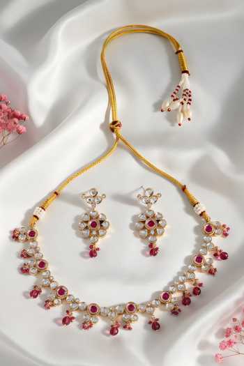 Shop_ChhavI'S Jewels_Pink Beads, Stones Kundan Polki Studded Necklace Set _at_Aza_Fashions