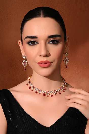 Shop_ChhavI'S Jewels_Pink Beads, Stones Kundan Polki Studded Necklace Set 